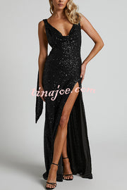 All The Sparkle Sequin Cowl Neck Backless Slit Stretch Maxi Dress