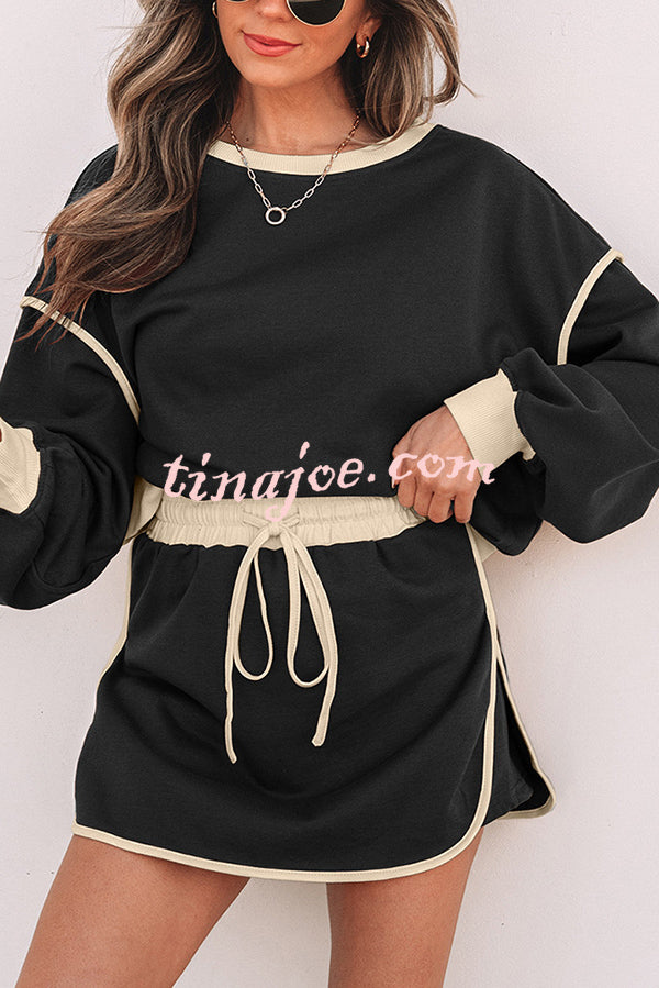 Fashion Round Neck Long Sleeve Spliced Casual Top and Elastic Waist Loose Shorts Set