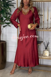 Solid Color V-neck Long-sleeved Loose Draped Maxi Dress