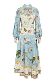 Ocean Print Lapel Button Waist Tie Resort Maxi Dress