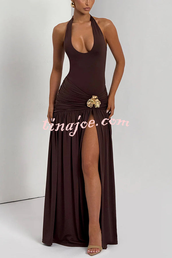 Solid Color Halter Neck Backless Slim Fit Pleated Slit Maxi Dress
