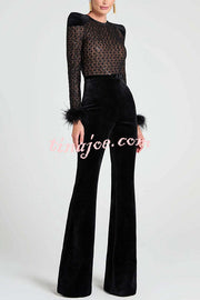 Monique Fish Scale Lace Sequin Velvet Patchwork Feather Trim Belted Stretch Flare Jumpsuit