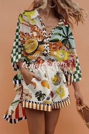 Kaori Linen Blend Tropical Fruit Oversized Blouse and Elastic Waist Pocketed Shorts Set