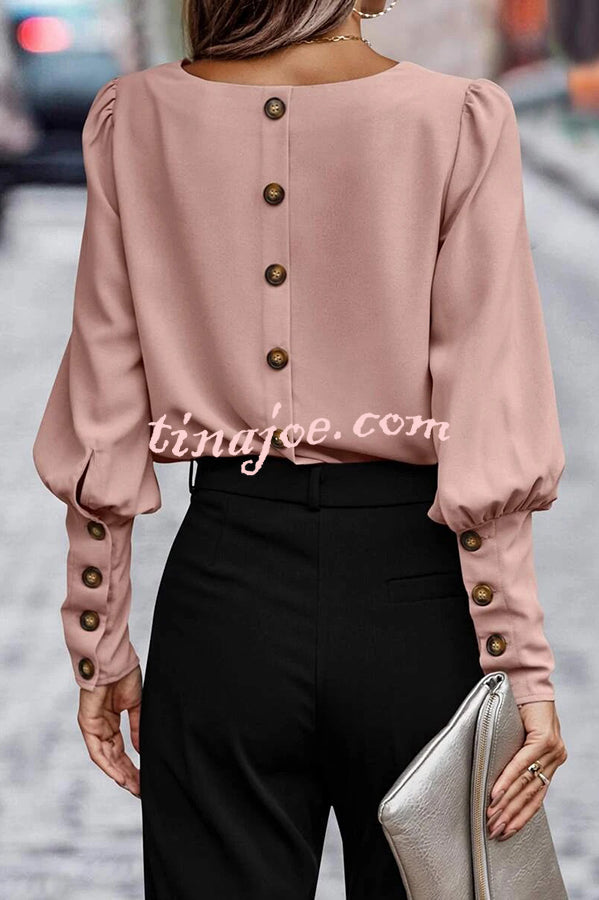 Long Sleeve Back Button Solid Color Casual Top