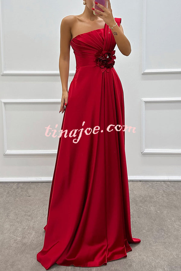 Nasha Satin Pleated One Shoulder Petal Gemstone Detail Pocket Slit Maxi Dress