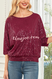 Solid Color Sequined Loose Round Neck Casual Top