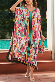 Unique Tie-dye Print V-neck Loose Holiday Cover-up Maxi Dress