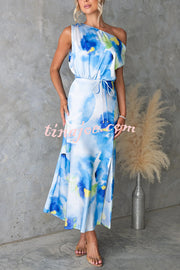Satin Unique Print One Shoulder Tie Waist Slit Maxi Dress