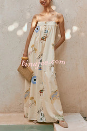 Linen Blend Sling Backless Loose Holiday Maxi Dress