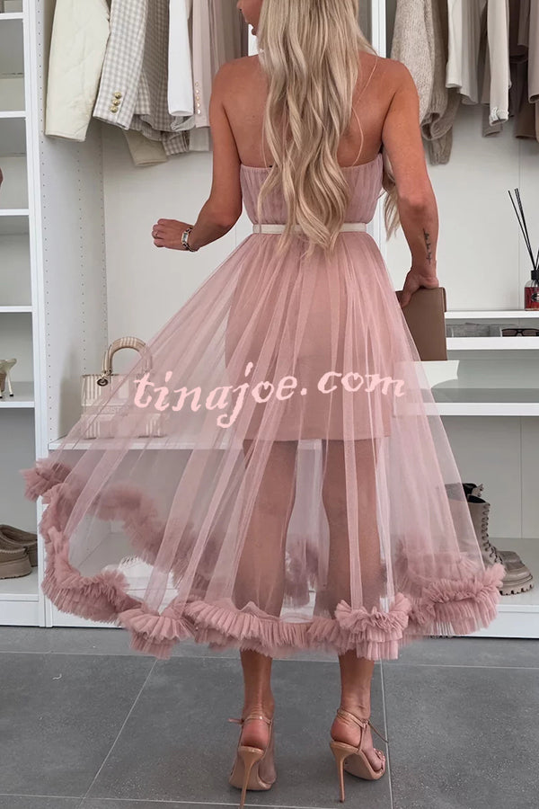 Fairytale Charm Tulle Off Shoulder Ruffles Trim A-line Midi Dress