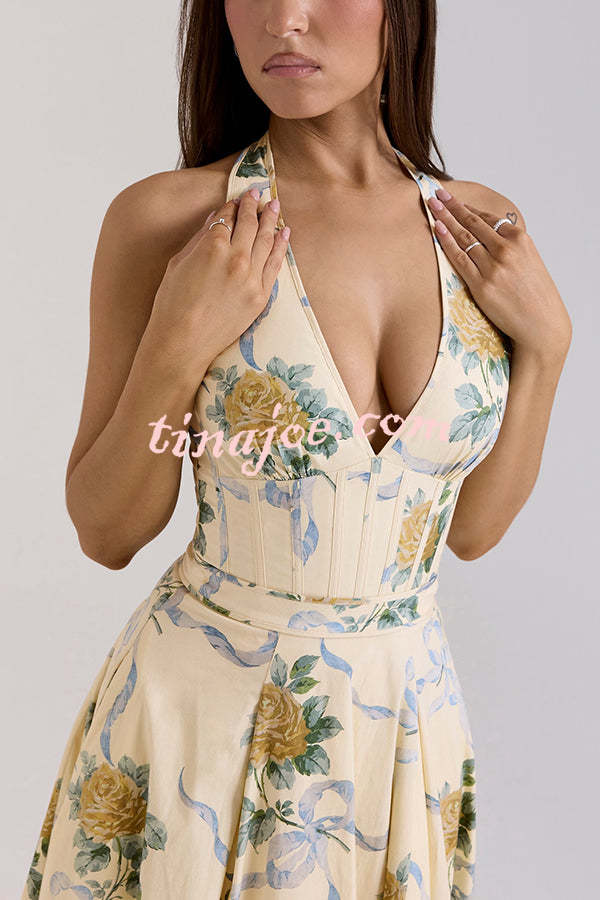 Resort Star Floral Print Waist Halterneck Tie Pocket Midi Dress