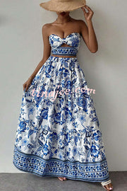 Floral Print Cutout Bandeau Top and Elastic Waist Full Maxi Skirt Set