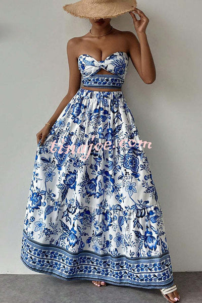 Floral Print Cutout Bandeau Top and Elastic Waist Full Maxi Skirt Set