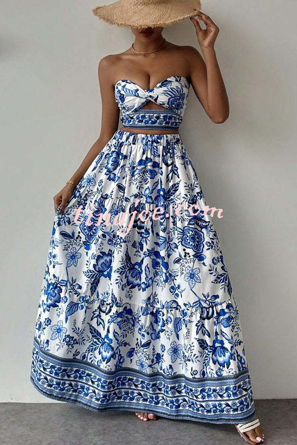 Floral Print Cutout Bandeau Top and Elastic Waist Full Maxi Skirt Set
