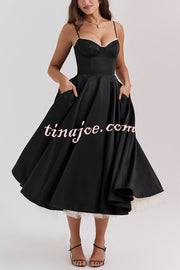 Fairytale Vibe Satin Patchwork Tulle Sweetheart Neck Pocket Stretch Midi Dress