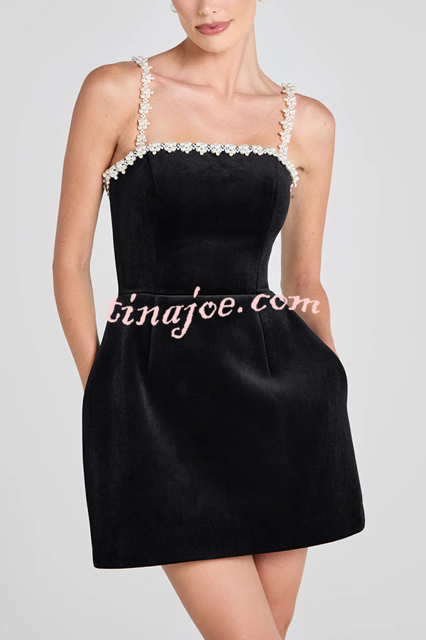 Sweet Poetry Velvet Pearl Trim Straps Pocketed Tulip Style Mini Dress