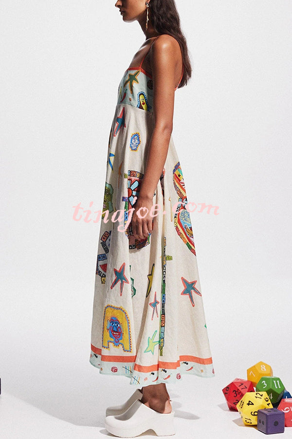 Miami Happy Hour Linen Blend Unique Print Smocked Back Pocketed Midi Dress
