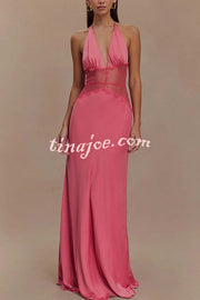 Seductive Details Satin Lace Waist Halter Tie-up Backless Maxi Dress