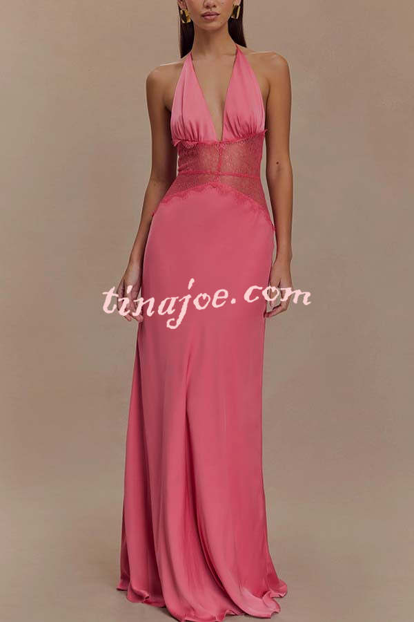 Seductive Details Satin Lace Waist Halter Tie-up Backless Maxi Dress