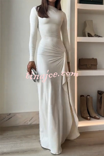 Venus Long Sleeve Ruched Side Slit Drape Ruffles Back Lace-up Stretch Maxi Dress