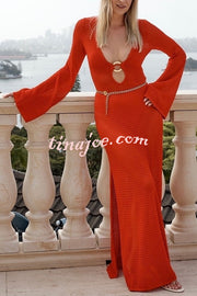 Seaside Goddess Crochet Knit Hollow Out Golden Ring Long Sleeve Cover-up Maxi Dress