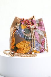 Vintage Leather Embroidered Sequined Floral Chain Bag