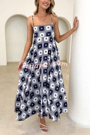 Elide Satin Unique Print Back Smocked Vacation Maxi Dress