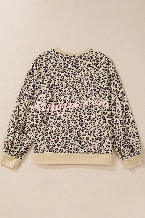 Leopard Print Crew Neck Patchwork Long sleeve Casual Loose Sweatshirt