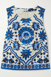 Unique Printed Round Neck Sleeveless Top and Casual Mini Skirt Set