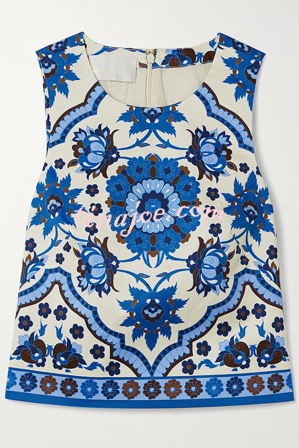Unique Printed Round Neck Sleeveless Top and Casual Mini Skirt Set