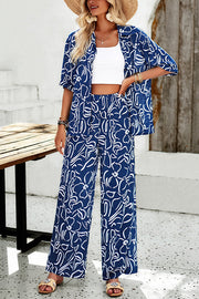 Irregular Printed Button Pocket Long Sleeved Shirt and Elastic Waist Pants Set