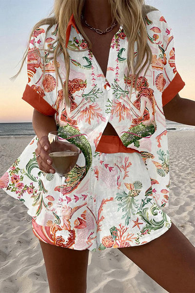 Mermaid Print Loose Button Elastic Waist Shorts Set
