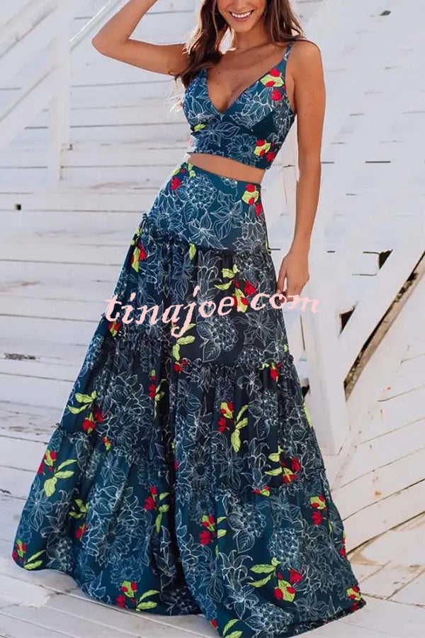 Unique Printed Suspenders Top and Loose Paneled Beach Maxi Skirt Set