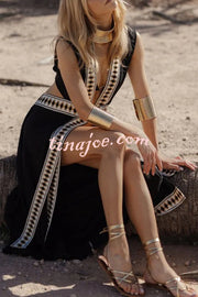 Fashionable Lock-edge Printed V-neck Lace-up Holiday Cover-up Robe