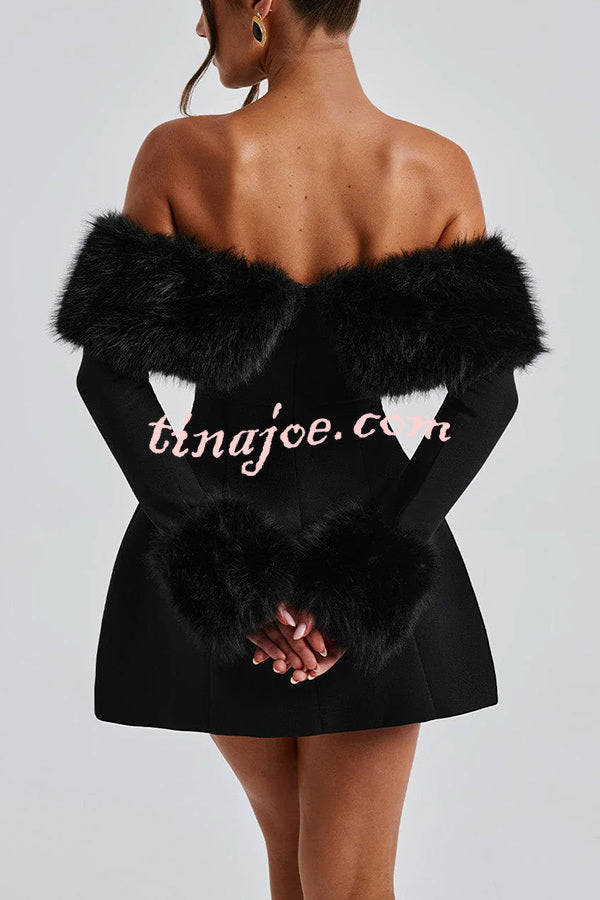 Cute and Luxe Faux Fur Trim Off Shoulder Bubble Shaped Mini Dress