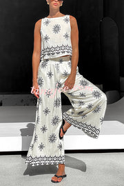 Unique Printed Round Neck Sleeveless Button Top and Elastic Waist Pocket Wide Leg Pants Set