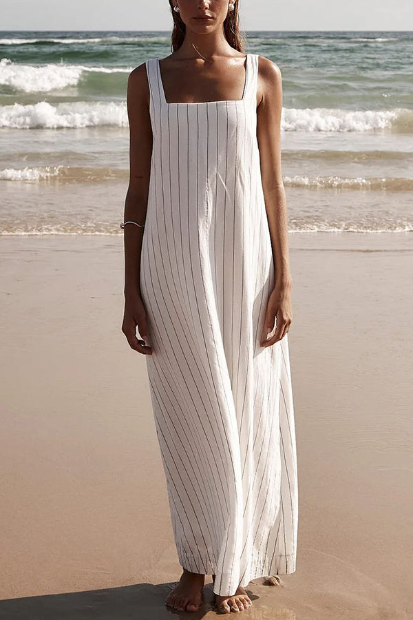 Simple and Stunning Linen Blend Pinstripe Detail Square Neck A-line Maxi Dress