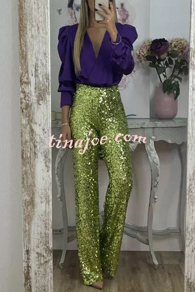 Glitzy Glamour Sequin High Rise Elastic Waist Wide Leg Pants