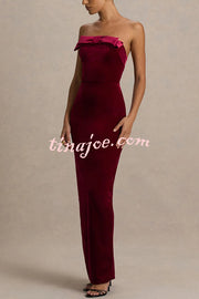 Illusion Velvet Bandeau neck Bow detail Stretch Maxi Dress