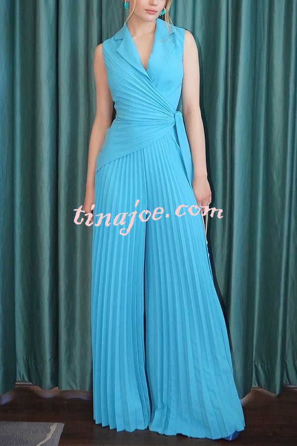 Solid Color Lapel Sleeveless Waist Tie Pleated Wide-leg Jumpsuit