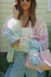 Palette Day Knit Color Blocks Open Front Balloon Sleeve Loose Cardigan