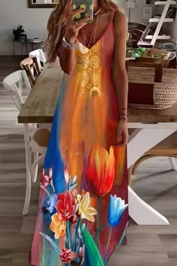 Unique Printed Suspender V-neck Loose Maxi Dress
