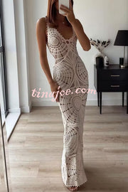 On Vacay Time Crochet Lace Cutout Waist Coverup Stretch Maxi Dress