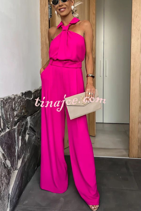 Fashionable Unique Look Halter Shirt Collar Pocketed Wide Leg Jumpsuit