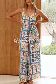 Unique Beach Vacation Print V-neck Suspenders Casual Wide-leg Jumpsuit