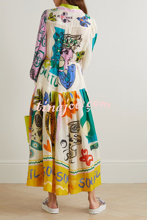 Boldness and Art Unique Print Balloon Sleeve Patchwork Shirt Midi Dress