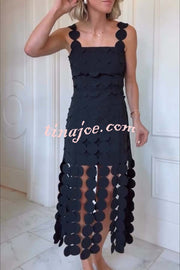 Best Dance Laser Cut Circle Embroidery Square Neck Tassle Trim Midi Dress