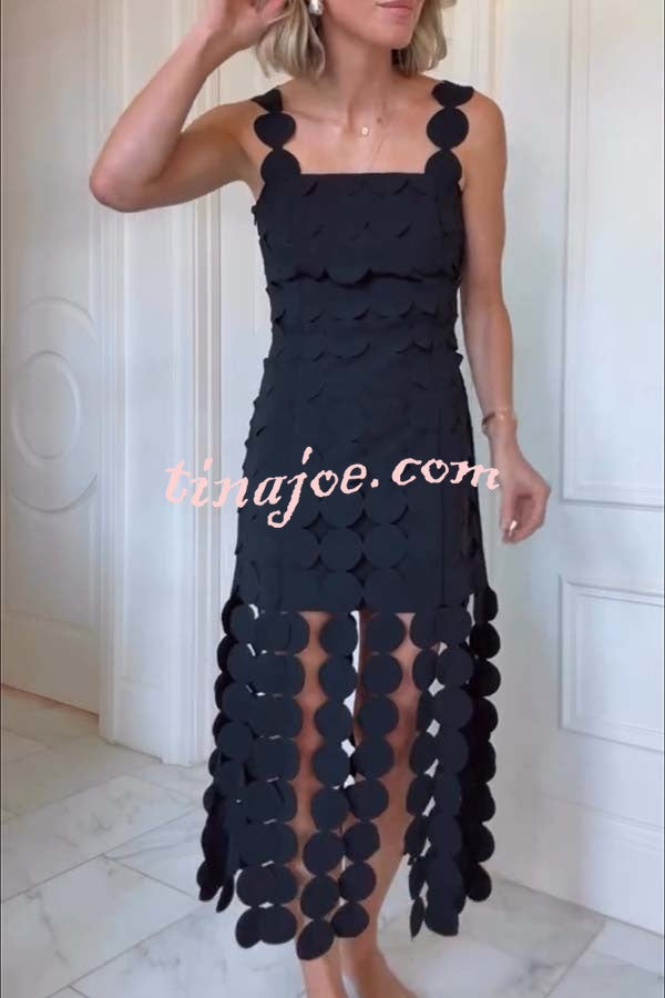 Best Dance Laser Cut Circle Embroidery Square Neck Tassle Trim Midi Dress