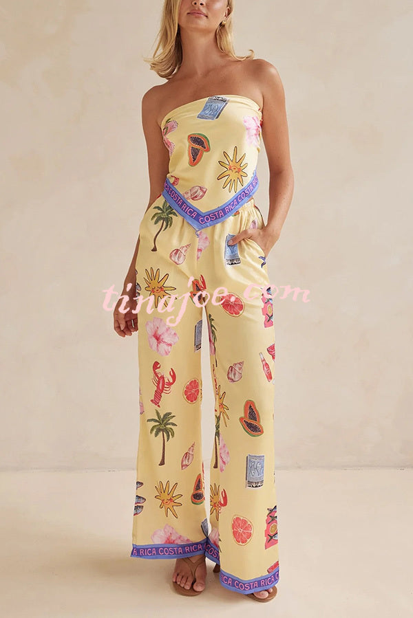 Linen Blend Unique Printed Bandeau Top and Elastic Waist Pocket Pants Set