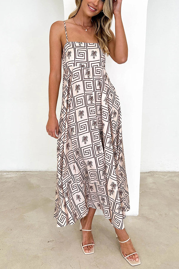 Elide Satin Unique Print Back Smocked Vacation Maxi Dress